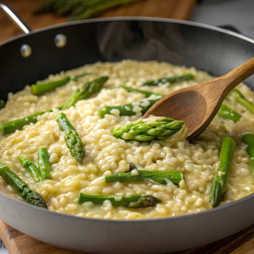 Cooking lemon-asparagus risotto in pan