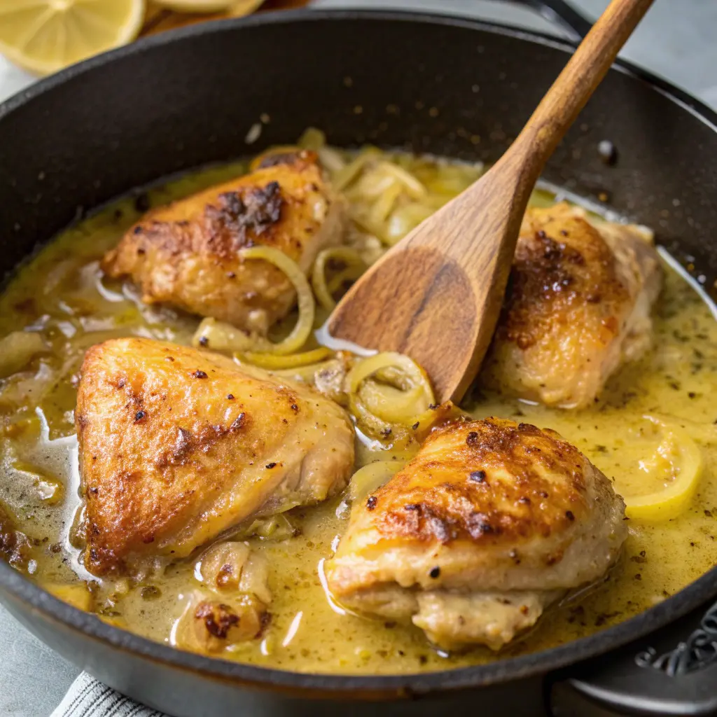 Cooking Stanley Tucci lemon chicken in skillet