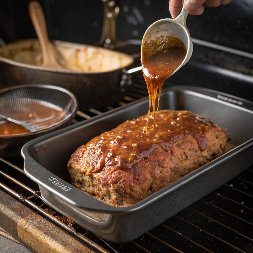 Meatloaf baking with brown gravy