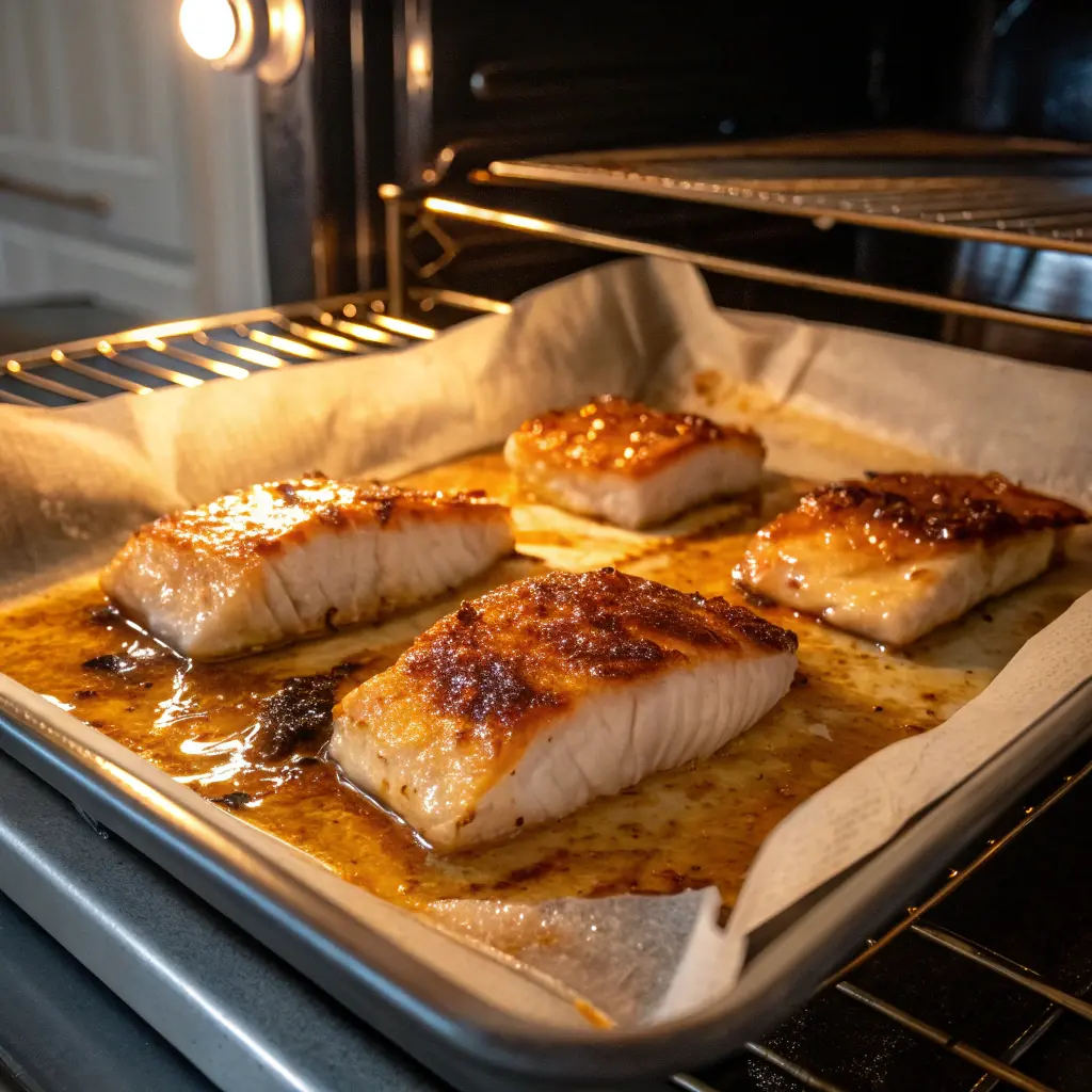 Baked miso butter cod cooking in oven