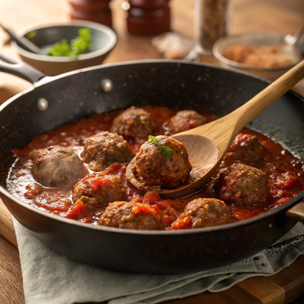 Cooking Moroccan meatballs in skillet