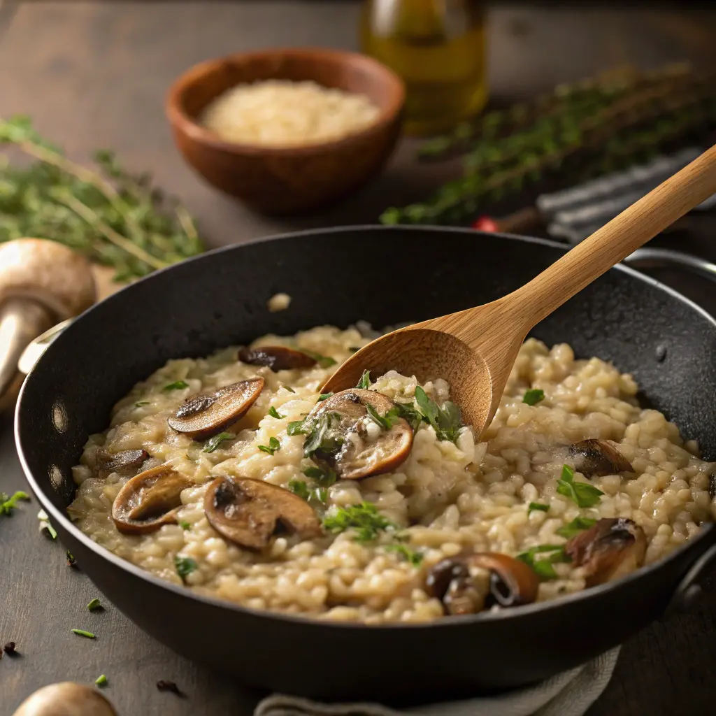 Mushroom risotto cooking in skillet