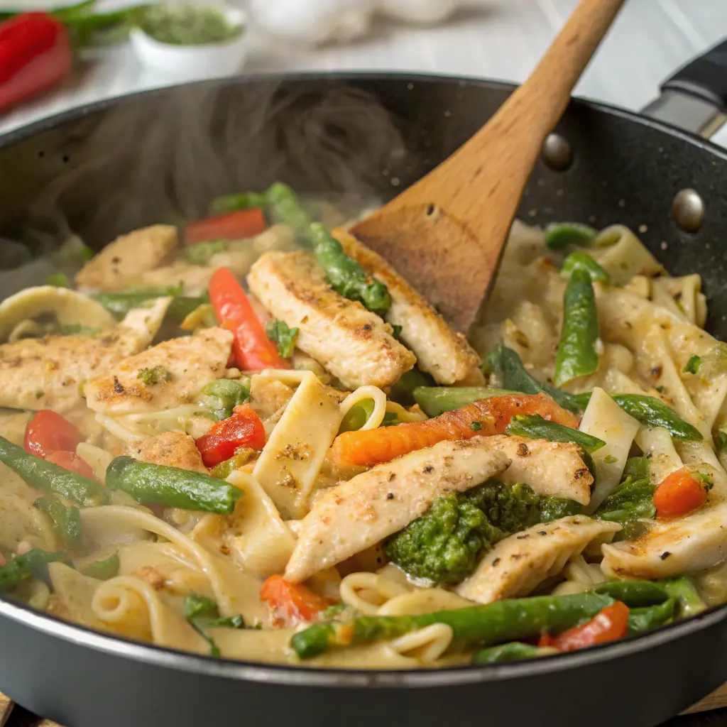 Cooking Pasta Primavera in skillet