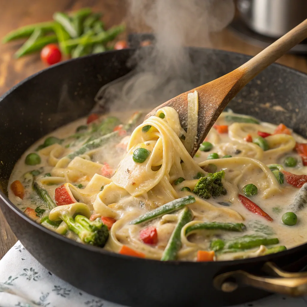 Vibrant Pasta Primavera Recipe – Healthy and Flavorful 11 Cooking pasta primavera in skillet