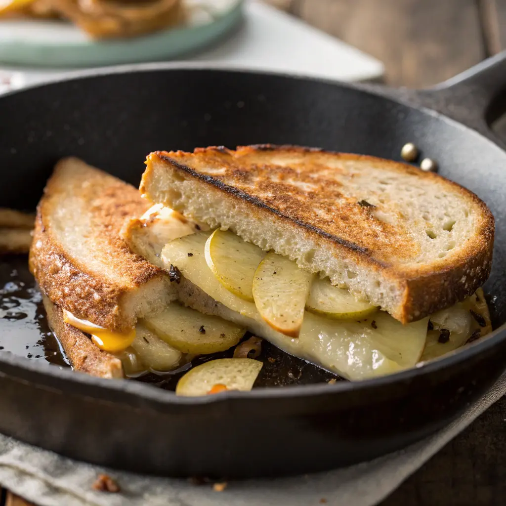 Cooking Pear Apple Grilled Cheese in Skillet