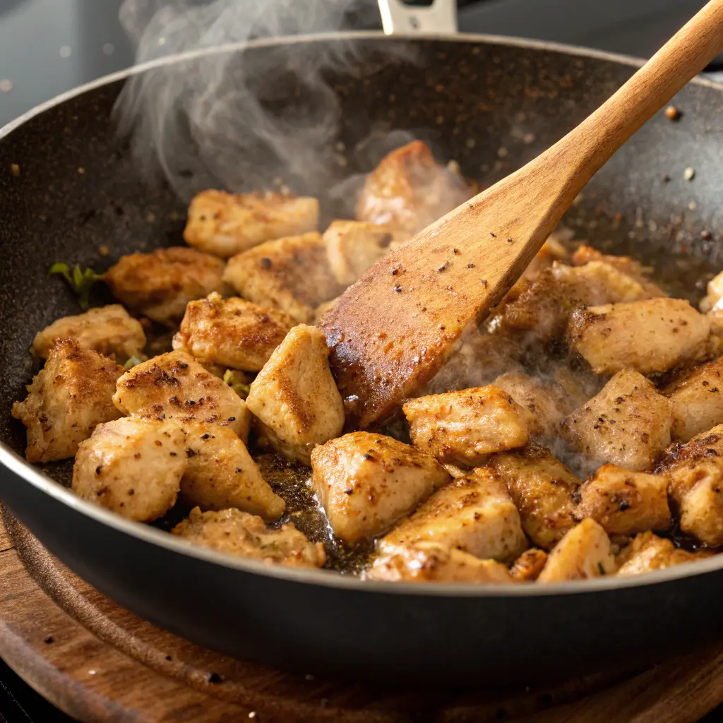 Salt and Pepper Chicken Air Fryer Recipe – Healthy & Crispy 11 Cooking salt and pepper chicken in skillet