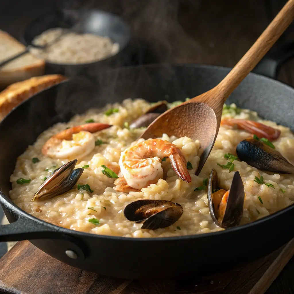 Quick & Easy Seafood Risotto – Italian Comfort Food 11 Cooking seafood risotto in skillet