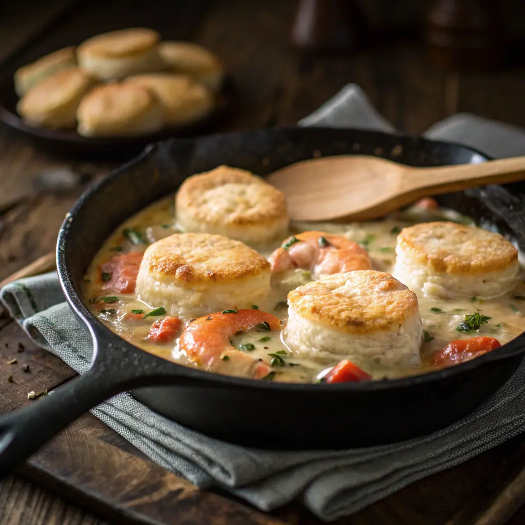 Cooking shrimp lobster cheddar bay biscuit pot pie
