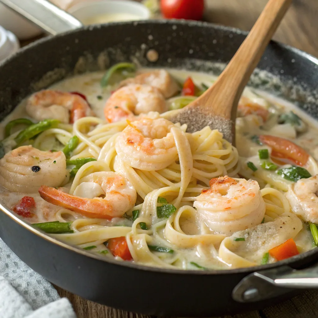 Shrimp Pasta Primavera Recipe – Quick, Easy, and Flavorful Dinner 11 Cooking shrimp pasta primavera in skillet