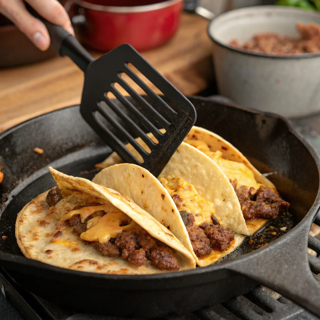 Smash Burger Tacos Copycat In-N-Out Style 10 Cooking smash burger tacos in cast iron skillet
