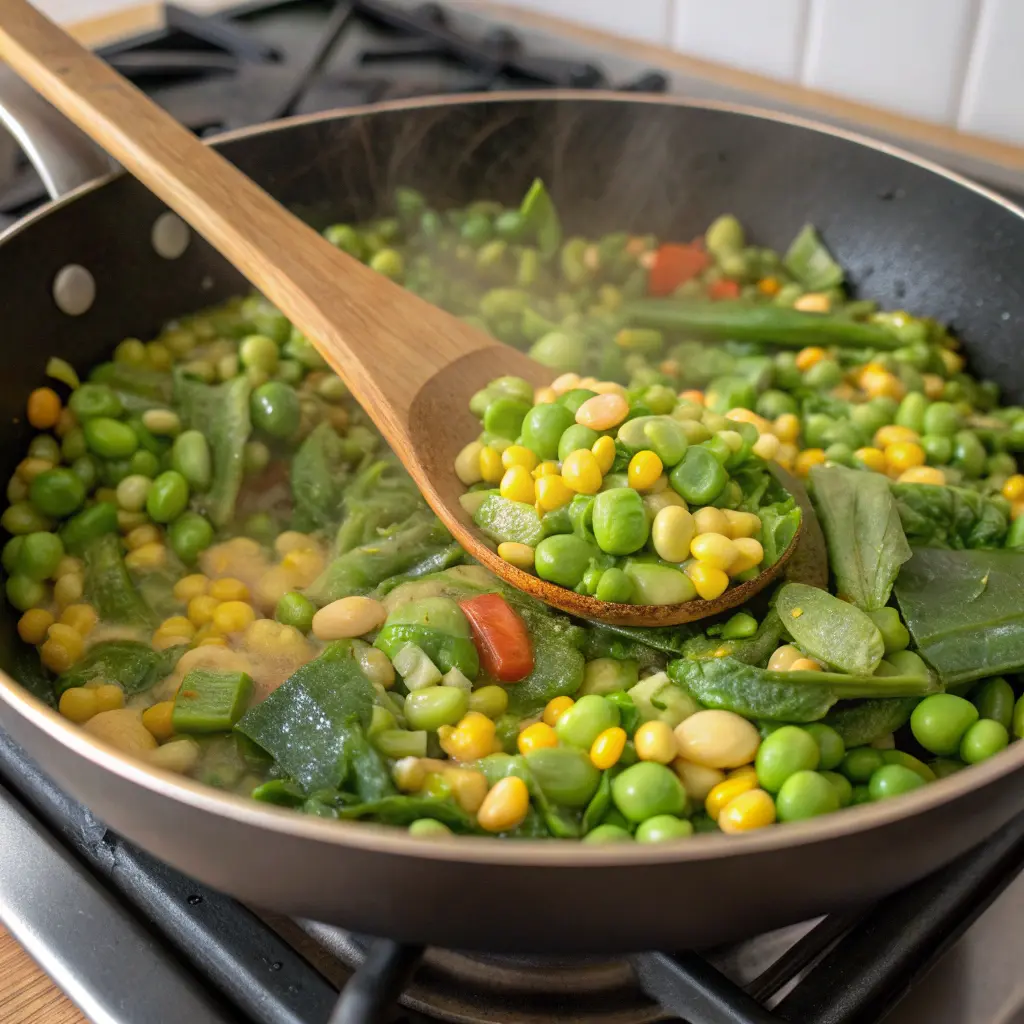 Cooking spring succotash in skillet