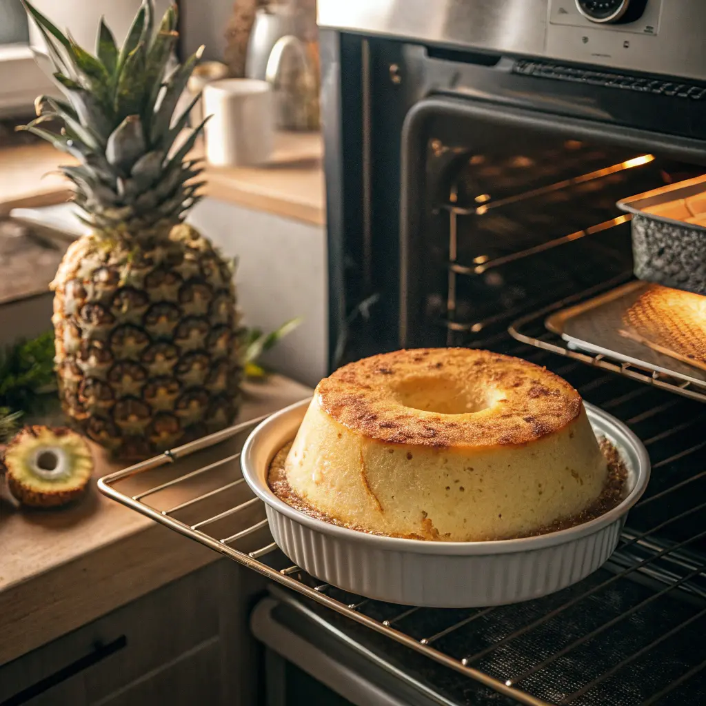 Cooking Tropical Pineapple Bliss Cake in oven