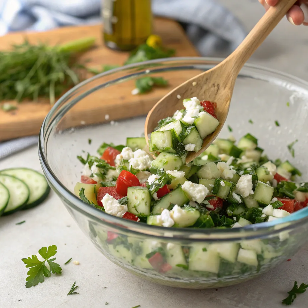 Tossing cucumber feta salad
