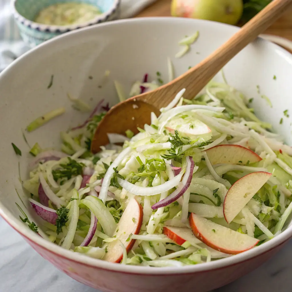 Tossing fennel slaw in mint vinaigrette
