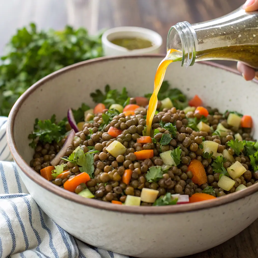 Mixing French lentil salad