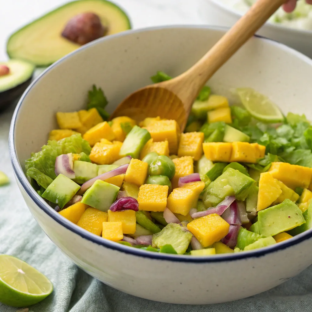 Easy Mango Avocado Salad Recipe – Fresh, Healthy & Family-Friendly 11 Mixing mango avocado salad