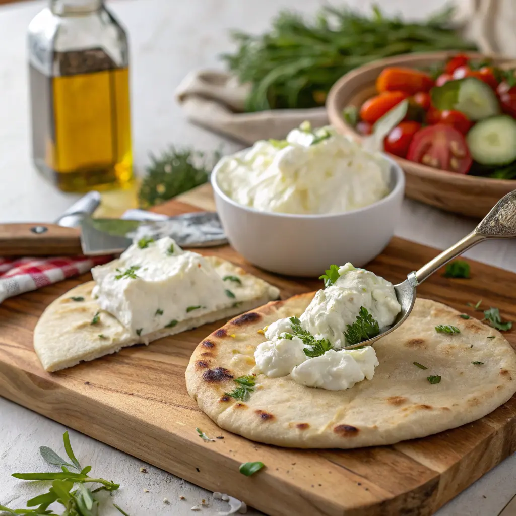 Labneh Flatbread Recipe with Fresh Herbs and Lavash Bread 11 Spreading labneh on flatbread