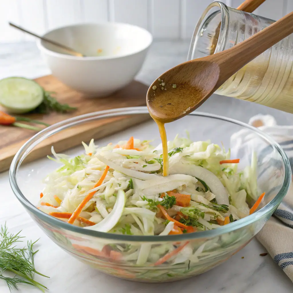 Mixing fennel slaw with dressing