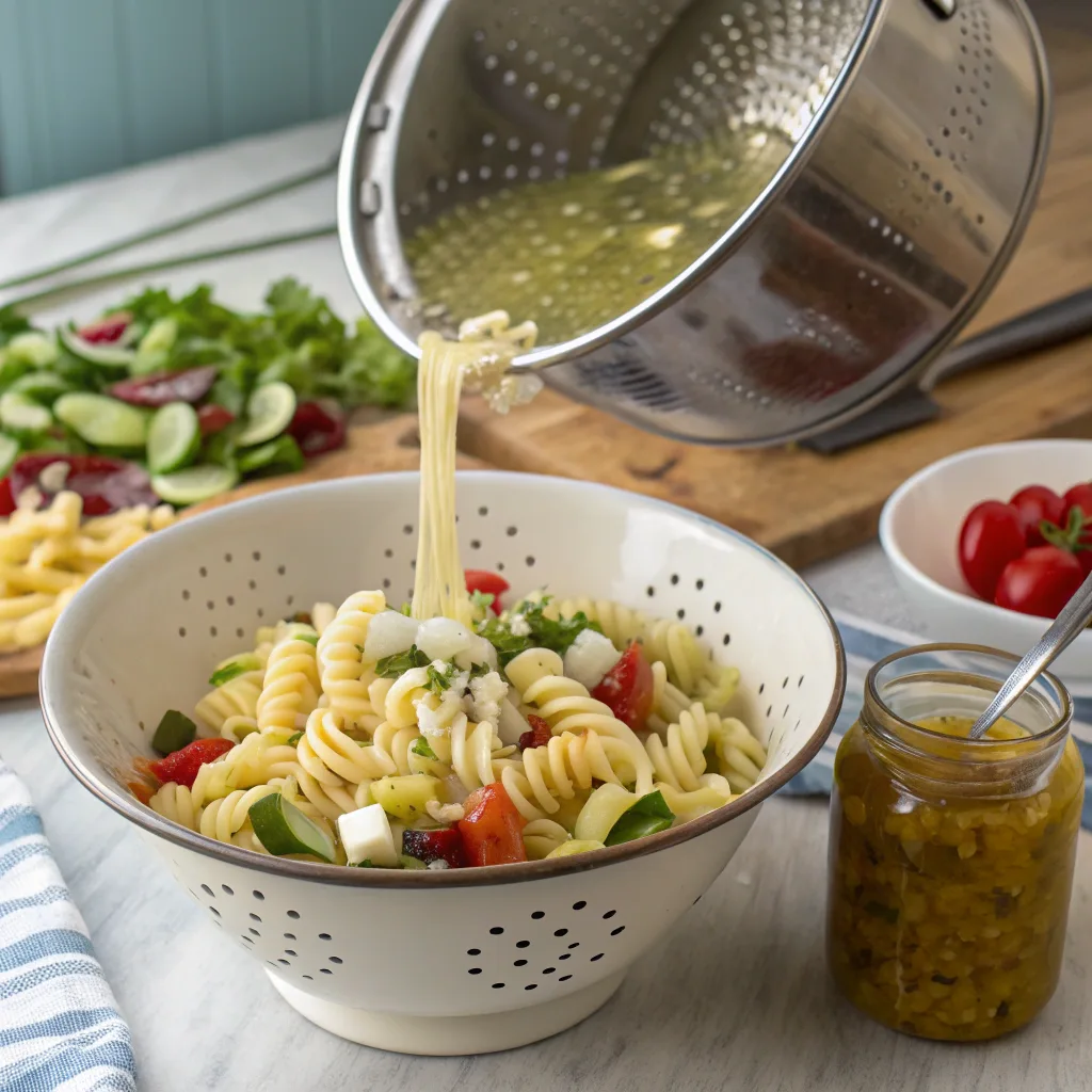 Horiatiki Village Pasta Salad – Healthy Greek Pasta Bowl 9 Preparing Horiatiki Village Pasta Salad