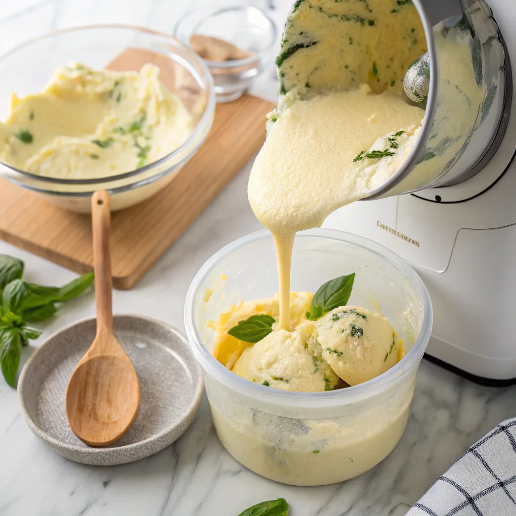 Making lemon basil sorbet in ice cream maker