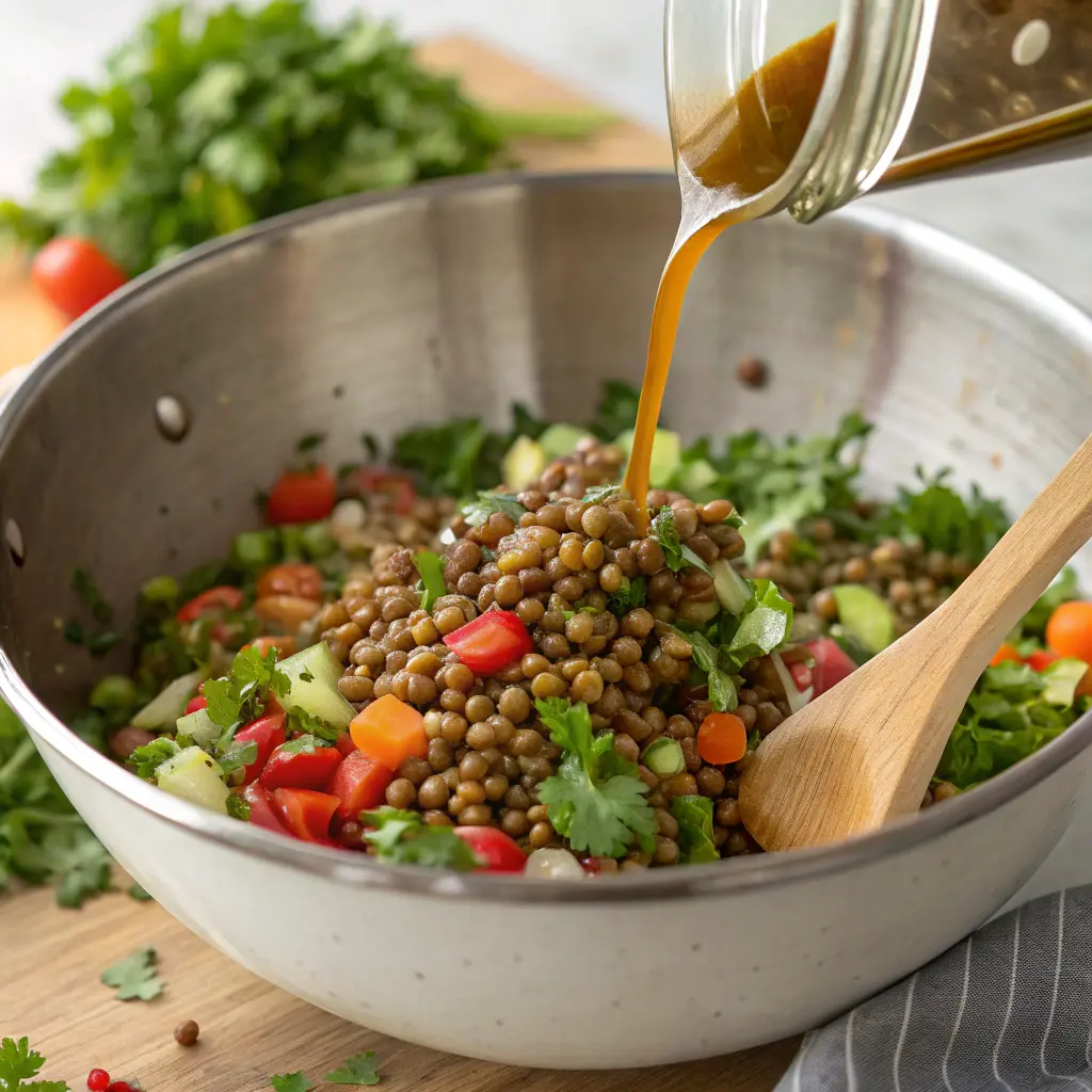 Tossing lentil salad in a bowl