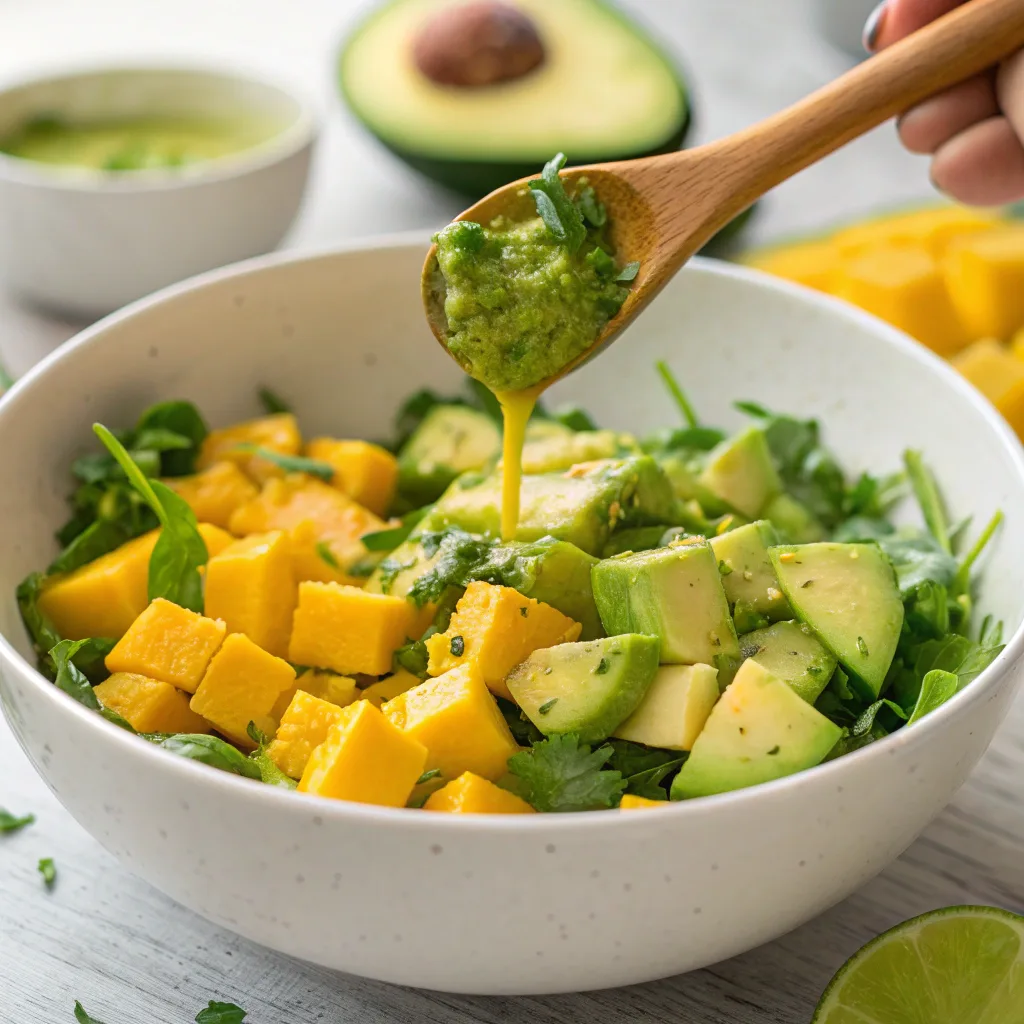 Tossing mango salad in a bowl