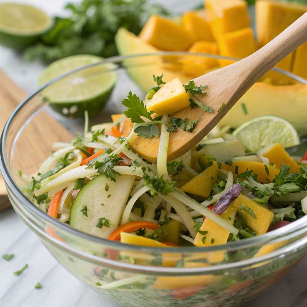 Mango Salad Recipe – Fresh, Easy & Flavor-Packed 11 Tossing mango salad with dressing