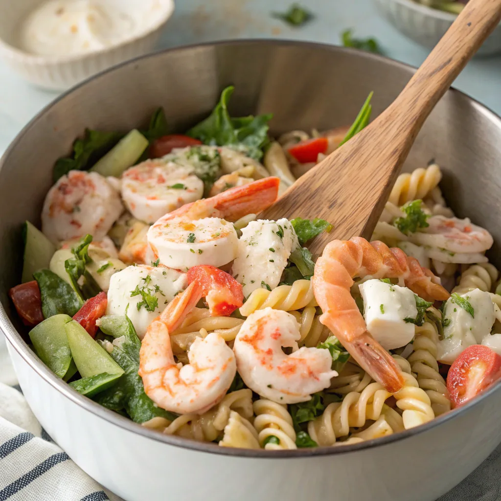Mixing seafood pasta salad in a bowl