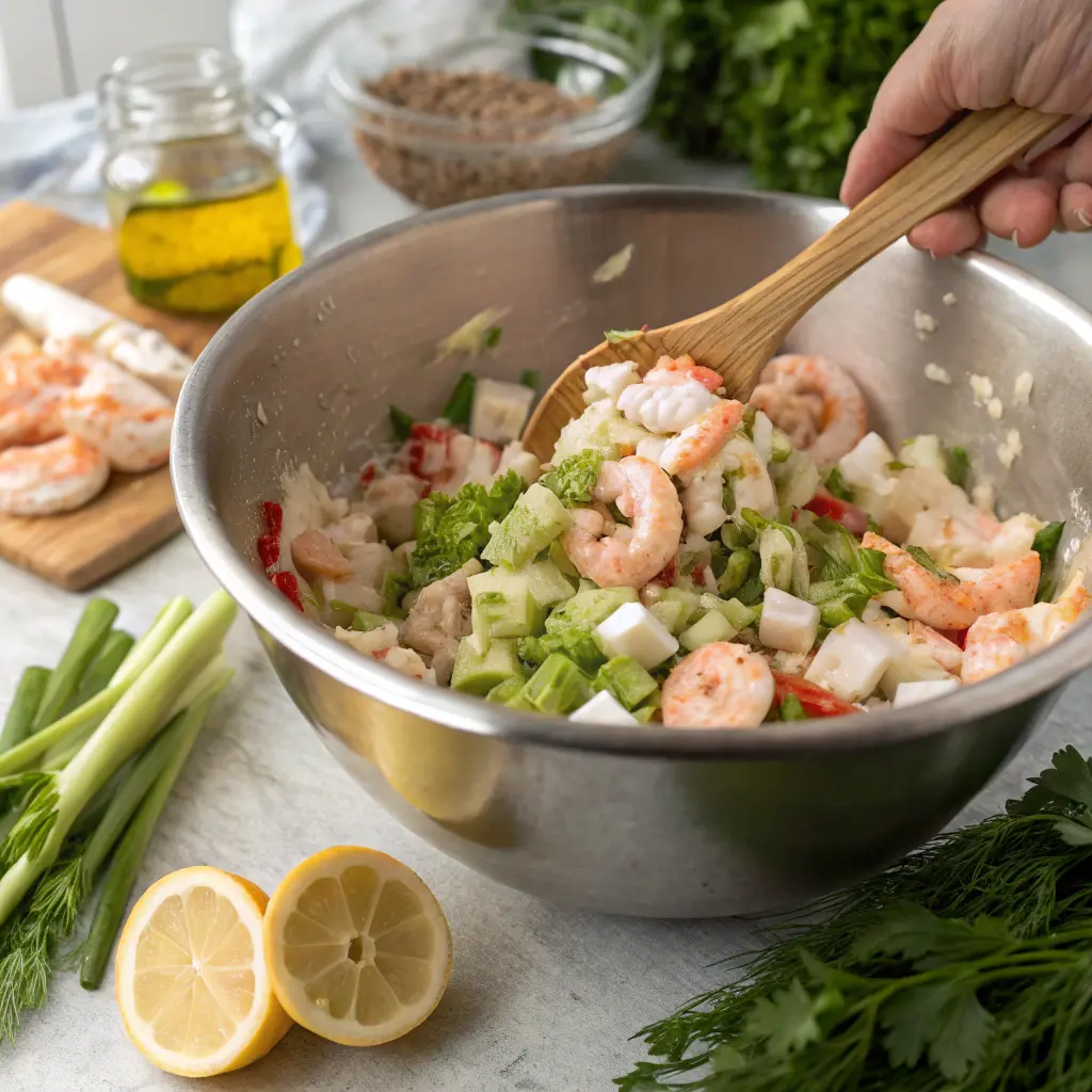 Mixing seafood salad in bowl