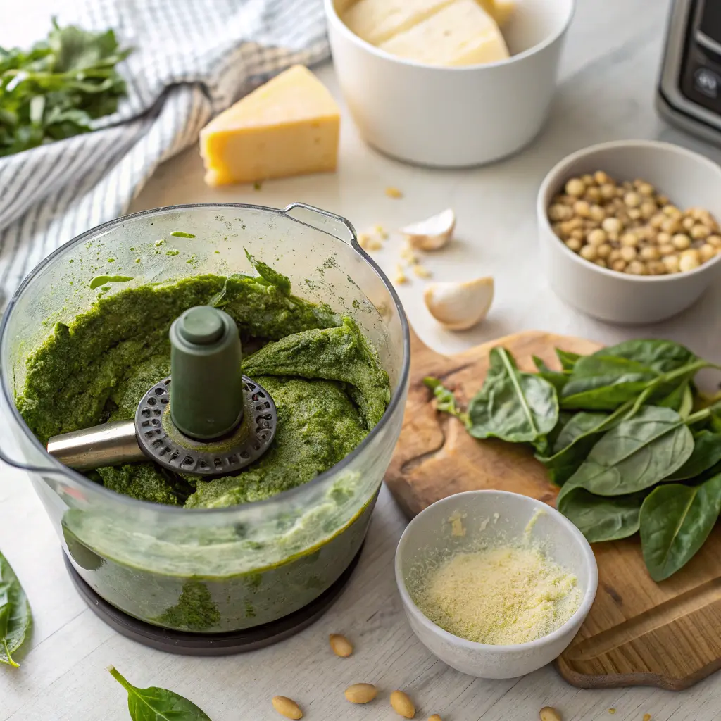 Blending spinach pesto in food processor
