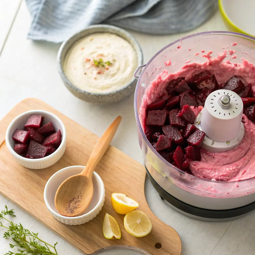 Making zesty beet dip in blender