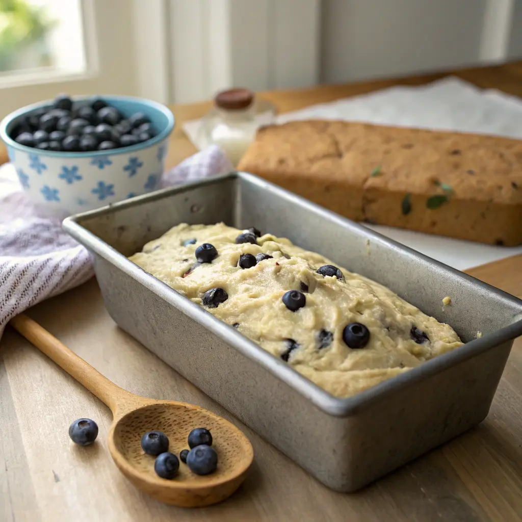 blueberry zucchini bread batter in loaf pan