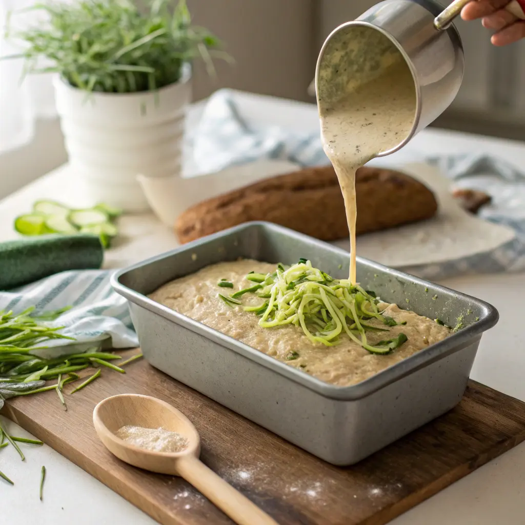 Preparing healthy zucchini bread batter