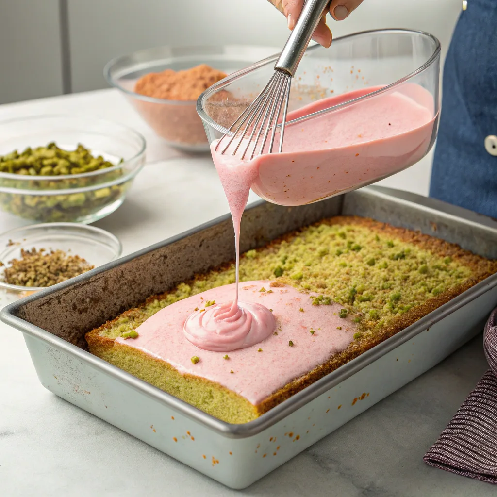 Pouring rose milk over pistachio cake