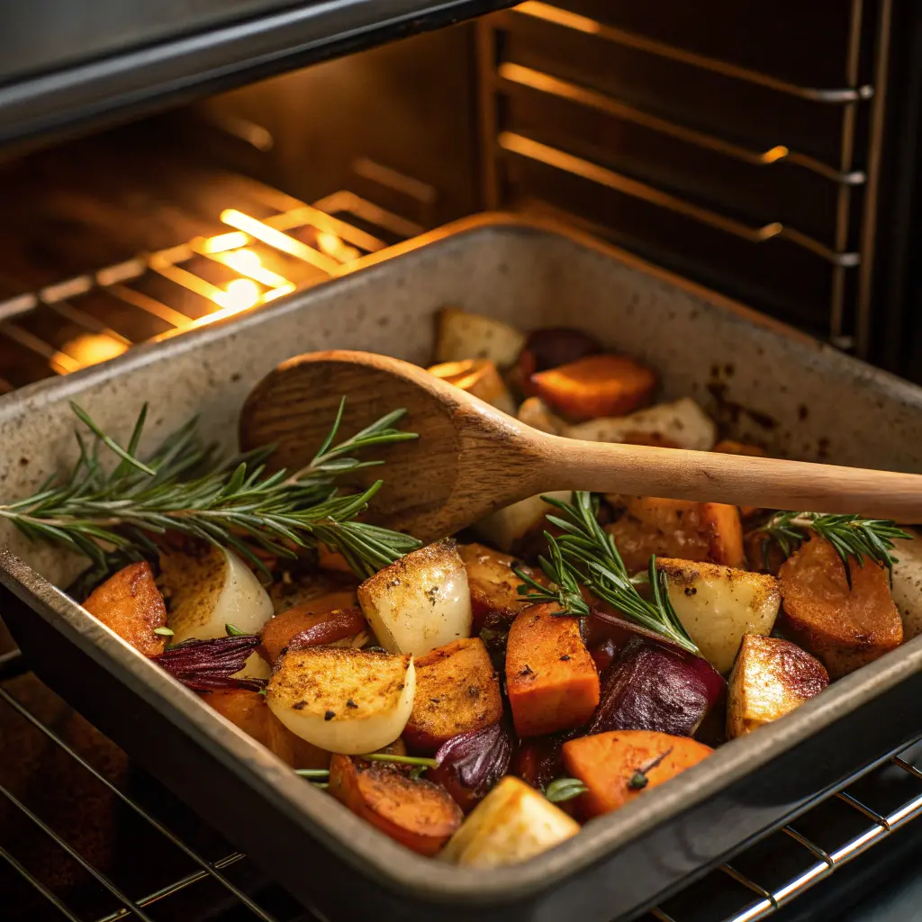 Cooking herb-roasted root vegetables