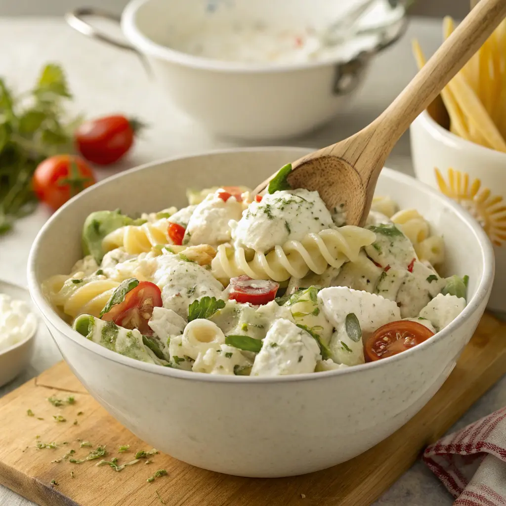 High Protein Cottage Cheese Pasta Salad Creamy Healthy Recipe 11 Mixing creamy pasta salad