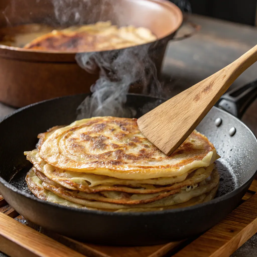 Quick Moroccan Meloui: Traditional Flaky Moroccan Bread 11 Cooking Moroccan Meloui in skillet