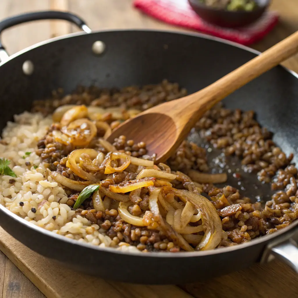 Cooking mujadara in skillet