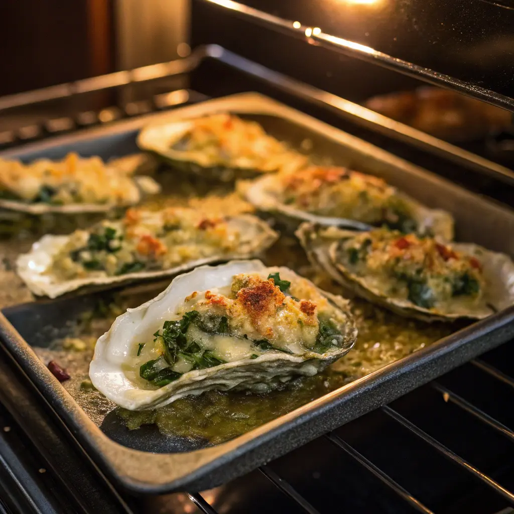 Oysters Rockefeller baking in oven
