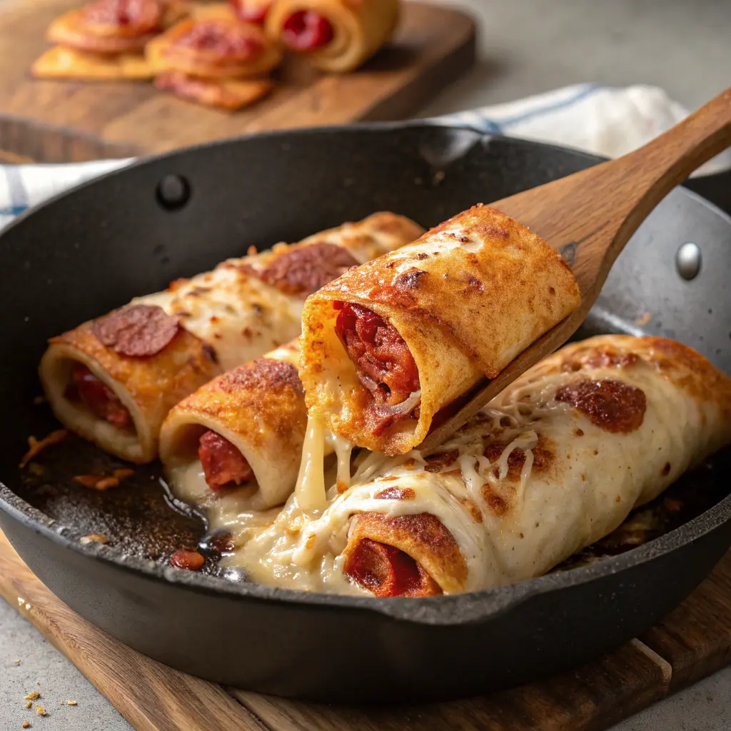 Quick Cheesy Pepperoni Pizza Roll Ups – Perfect for Kids 11 Pan-frying Cheesy Pepperoni Pizza Roll Ups