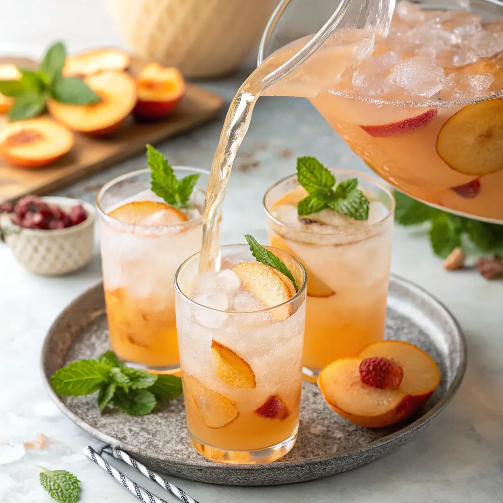 Pouring peach lemonade into glasses