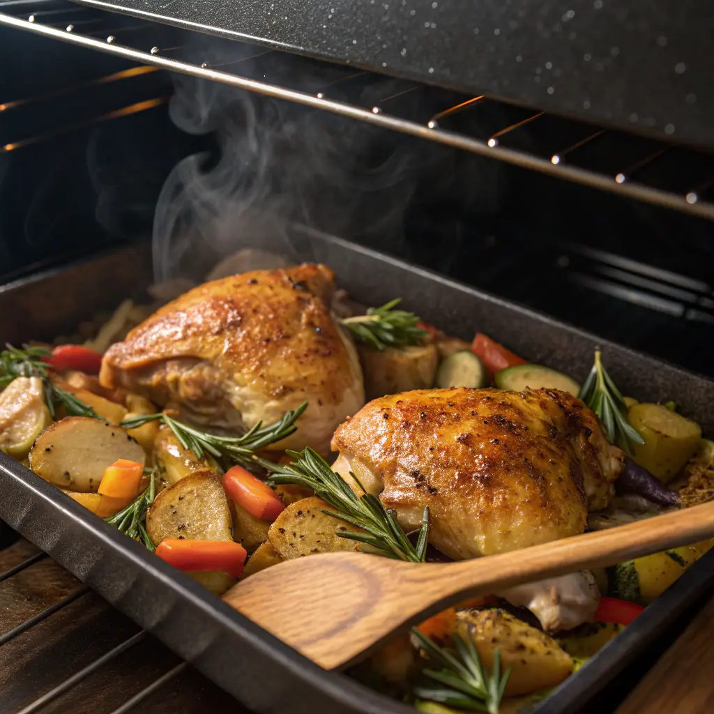 Roasted chicken thighs cooking in oven