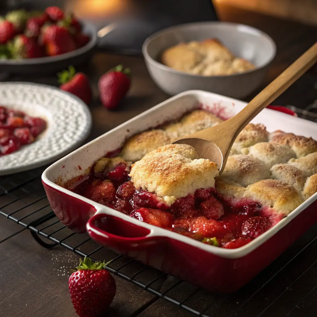 Baking strawberry cobbler in dish