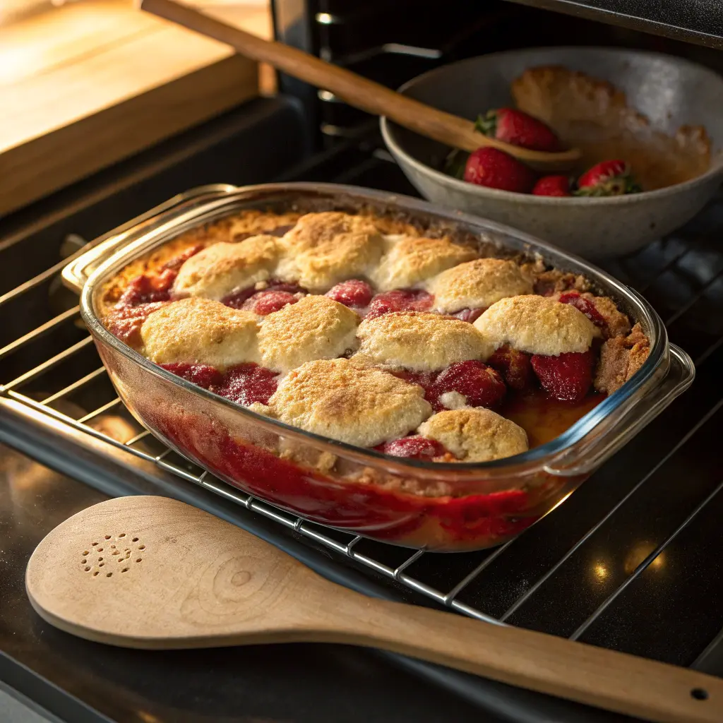 Strawberry cobbler baking in oven