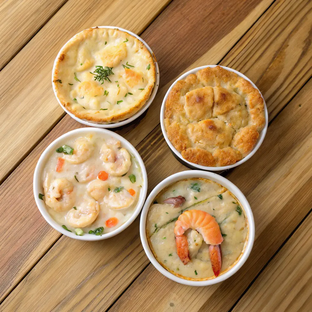 Seafood pot pie variations with biscuits