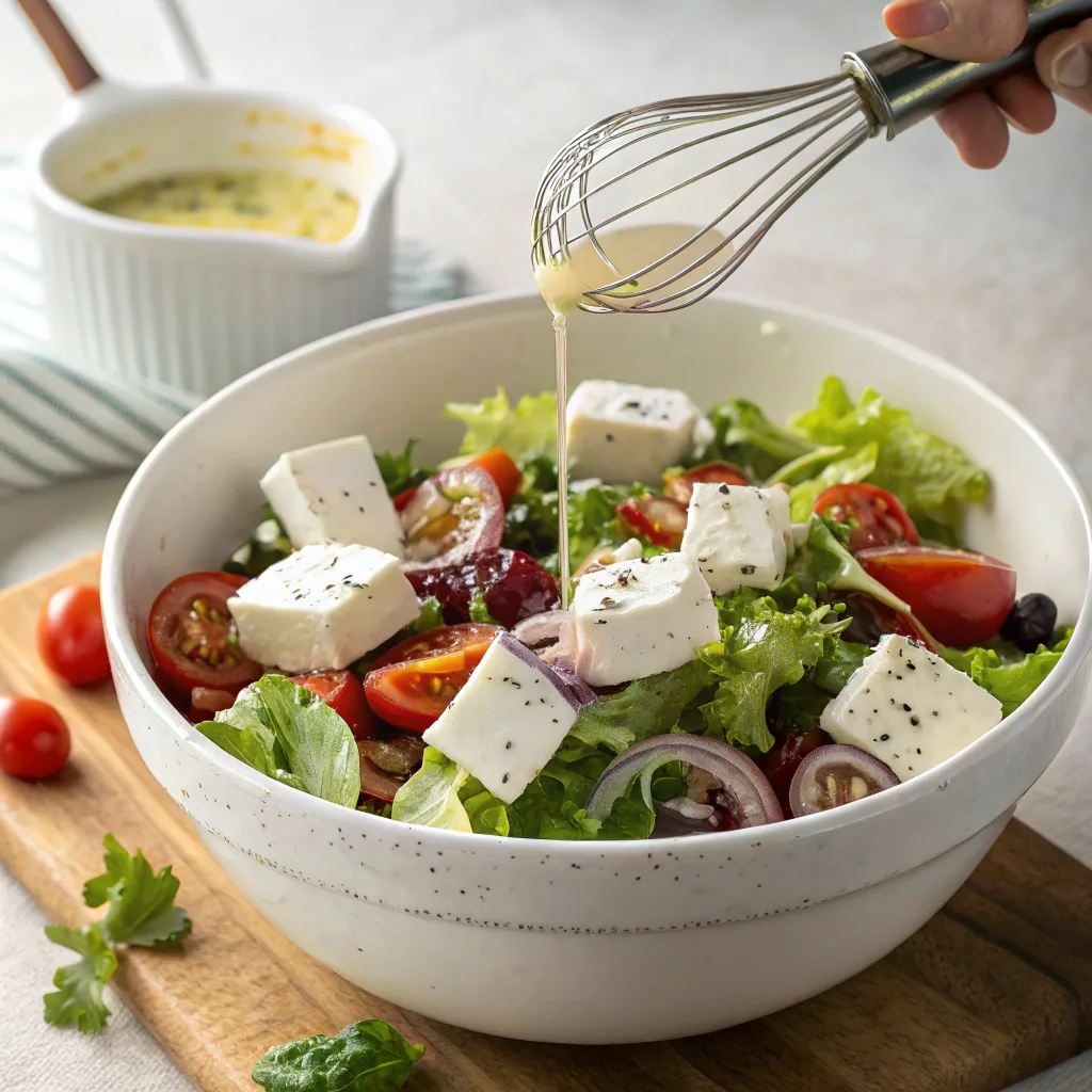 Tossing feta salad in bowl