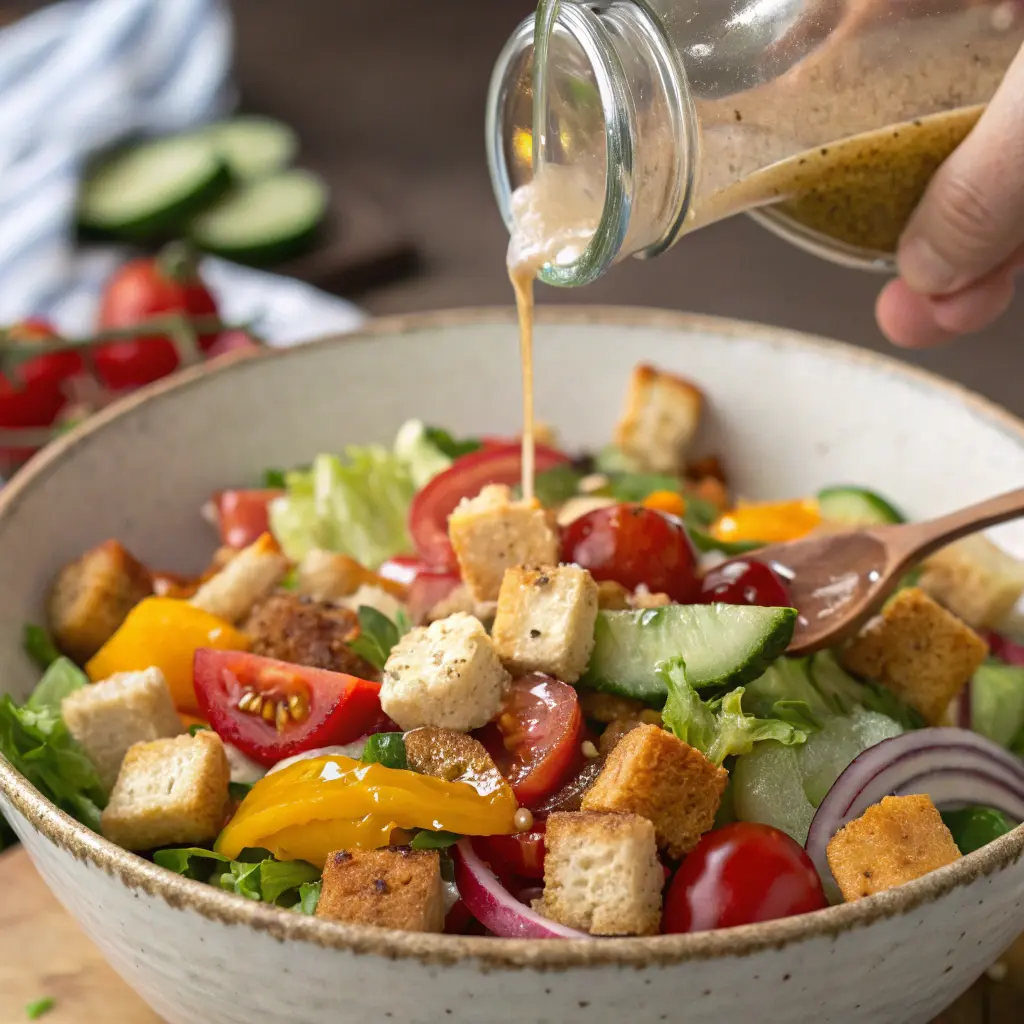 Tossing spring panzanella salad