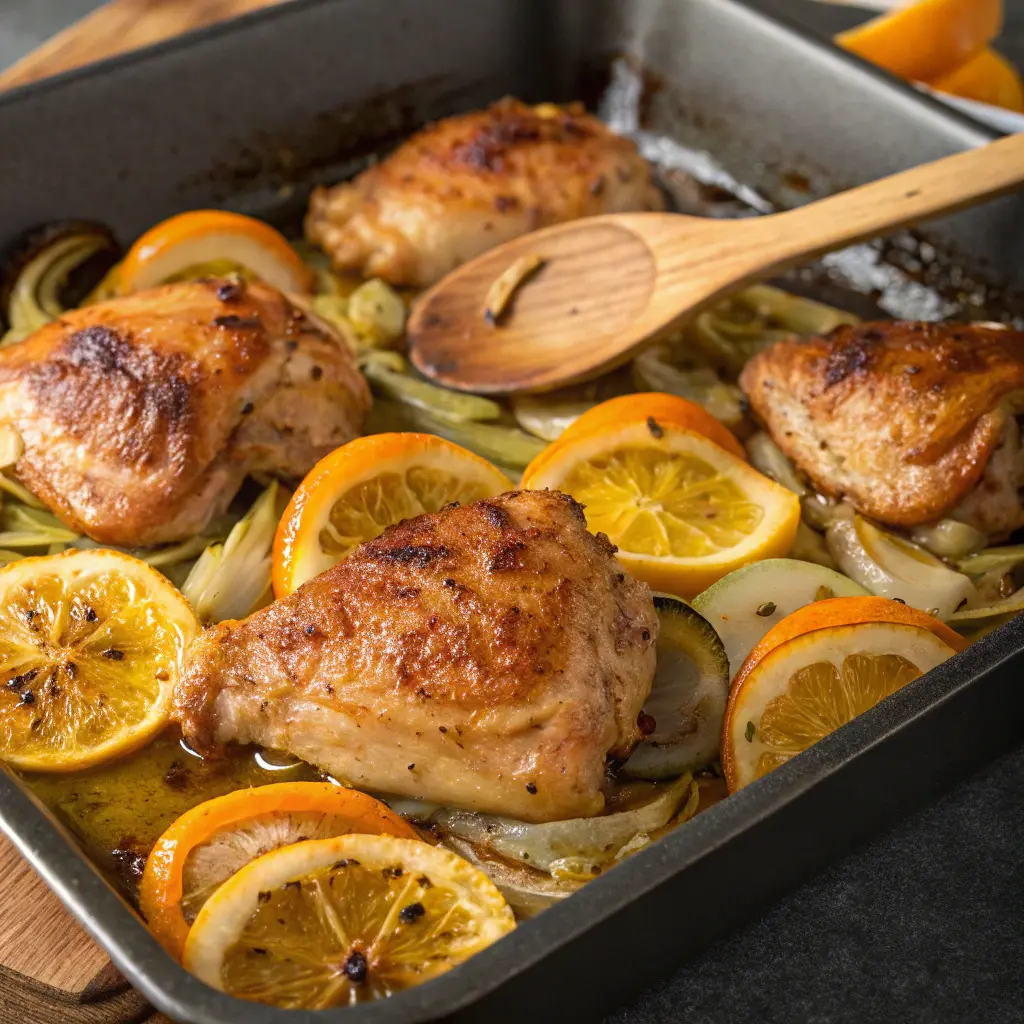 Roasting chicken thighs with fennel and orange in oven