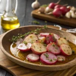 Close-up of garlic roasted radishes