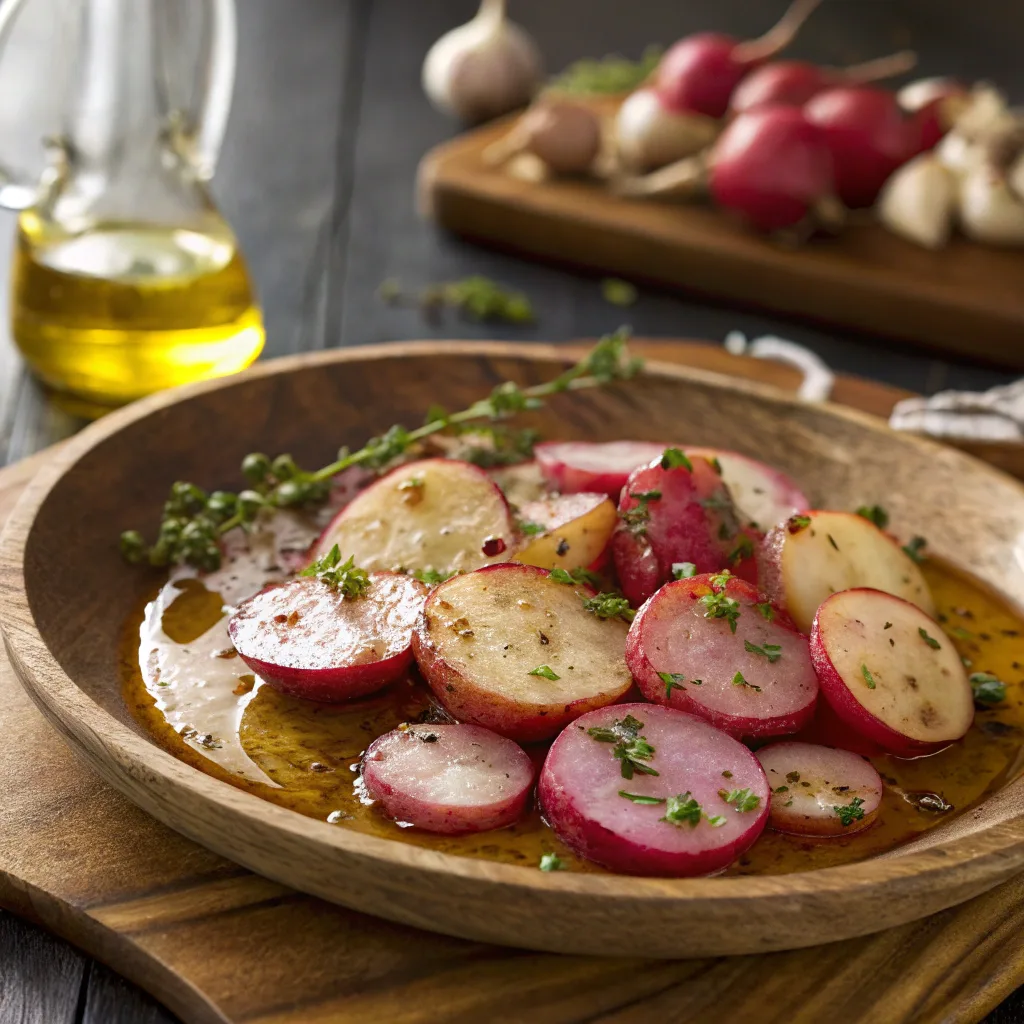 Close-up of garlic roasted radishes